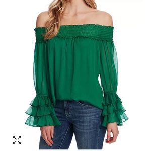 CeCe Smocked Off-the-Shoulder Top - W’s MED - Lush Green - Long Sleeves - EUC